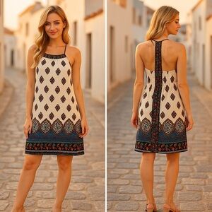 Solemio Cream and Blue Boho Mini Dress